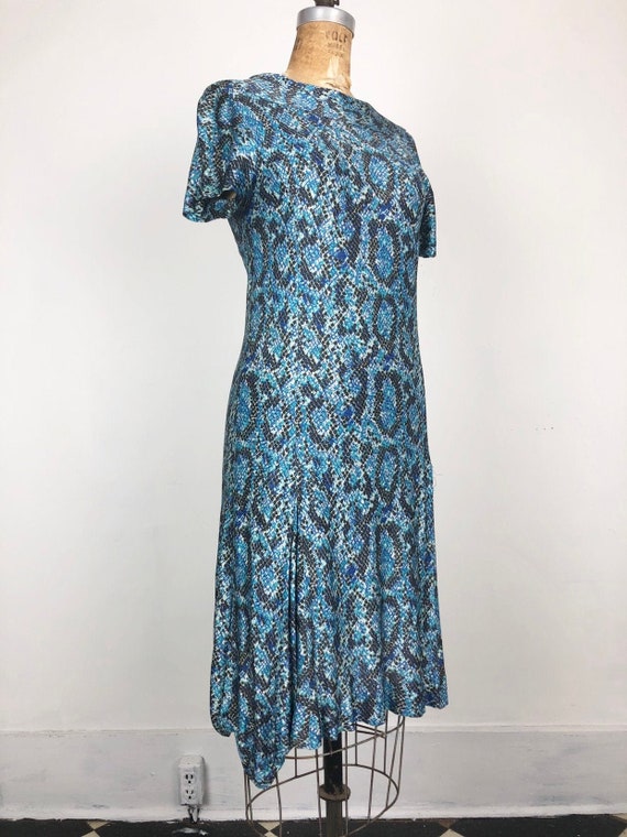 1960s Blue Snakeskin Print Nylon Jersey Dress M