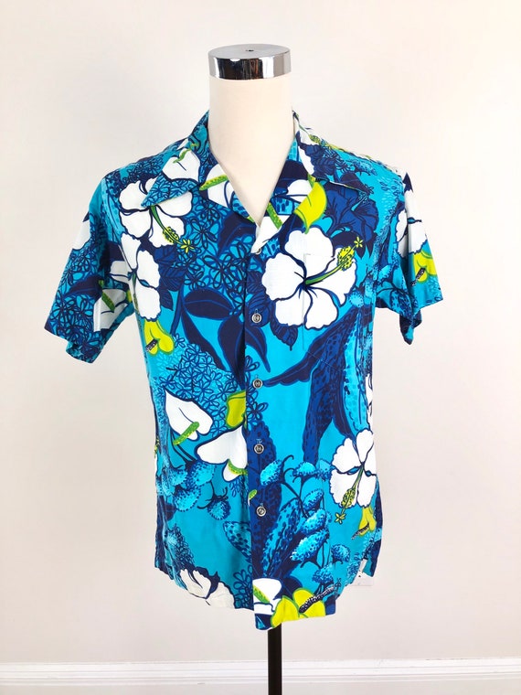 1960s Hawaiian Hibiscus Cotton Aloha Shirt L - image 3