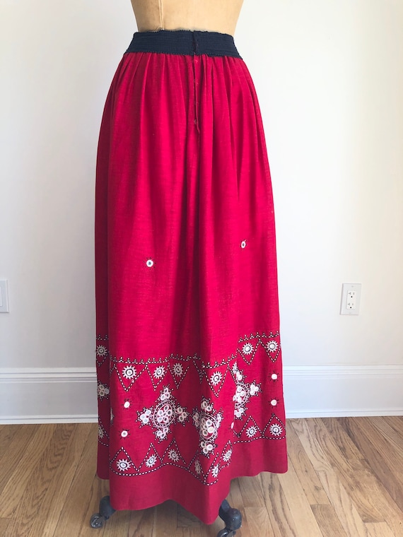 1970s Red Indian Cotton Mirrored Maxi Skirt S - image 2