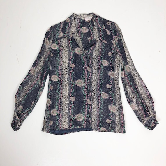 40s Style 1970s Novelty Printed Cold Rayon Blouse… - image 1