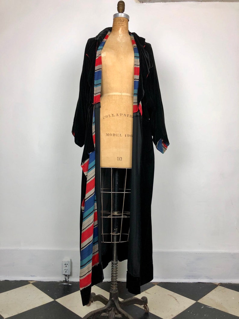 1920s Black Silk Velvet Striped SIlk Duster Coat S image 3