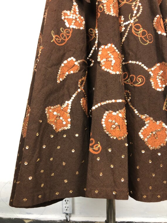 1950s Sequined Floral Brown Cotton Circle Skirt M - image 5