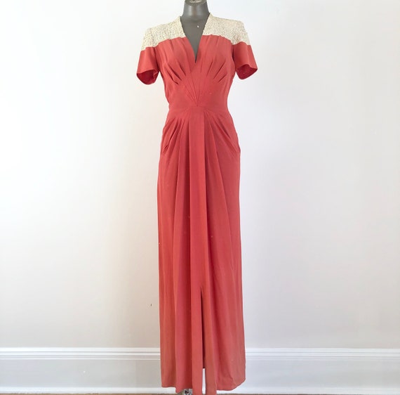 1940’s Coral Rayon Crepe Sequined Gown XS