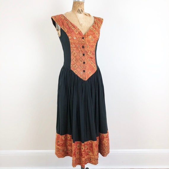 1970s Indian Embroidered Mirror Sun Dress S