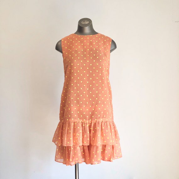 1960s Orange Polka Dot Skirt Ruffle Romper S - image 1