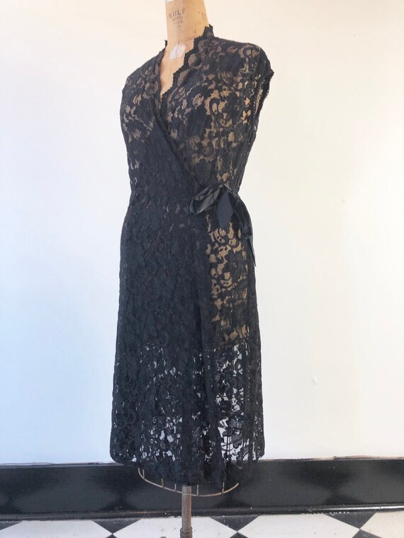 AMAZING 1970’s Sheer Black Lace Wrap Dress M