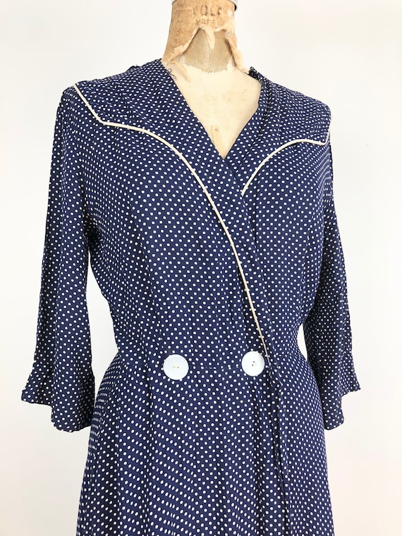 1940s Navy Blue Polka Dot Rayon Dressing Gown Max… - image 2