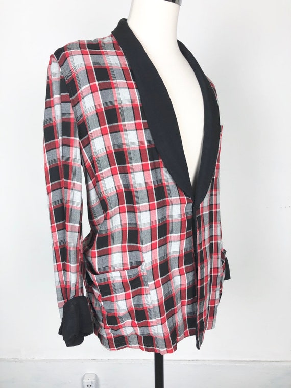 1940s Plaid Rayon Smoking Jacket M - image 3