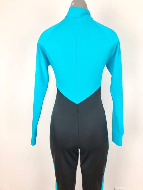 1980s Turquoise and Black Stirrup Spandex Catsuit… - image 7