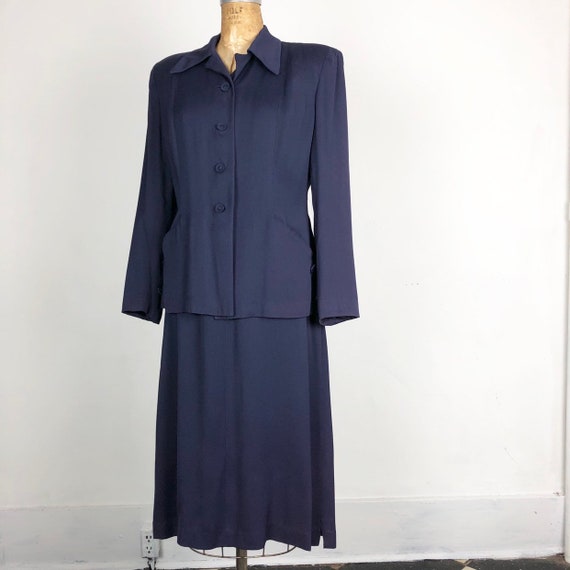 1940s Navy Rayon Gabardine Skirt Suit Set S