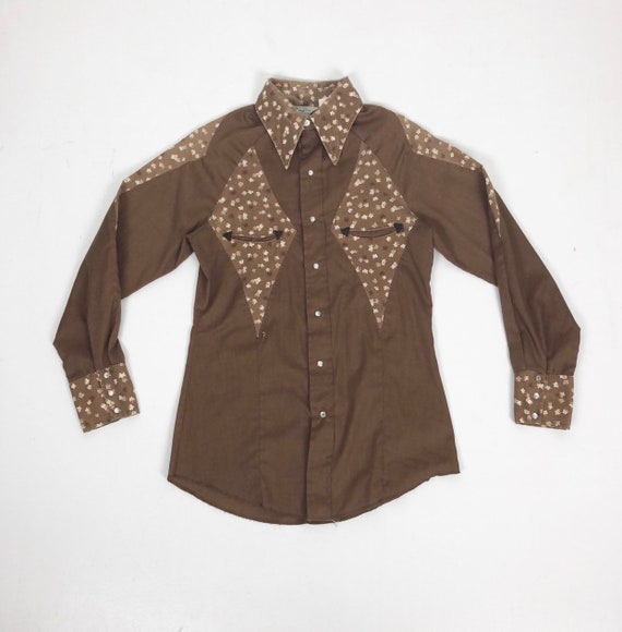 1970s Larry Mahan Brown Floral Western Shirt S