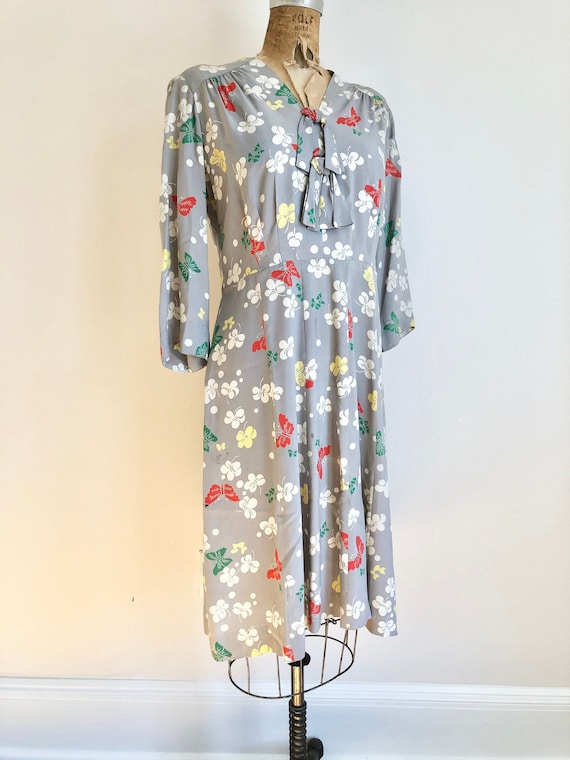 1940s Butterfly Print Cold Rayon Dress M