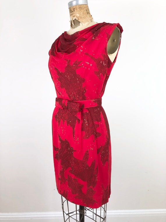 1960s Red Silk Glitter Print Belted Mini Dress S