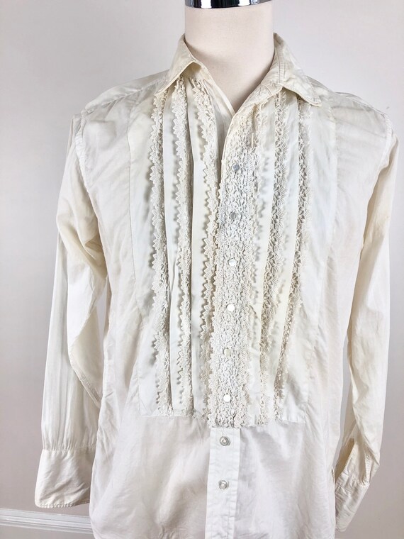 1950s Crocheted White Lace Tuxedo Shirt M - image 4