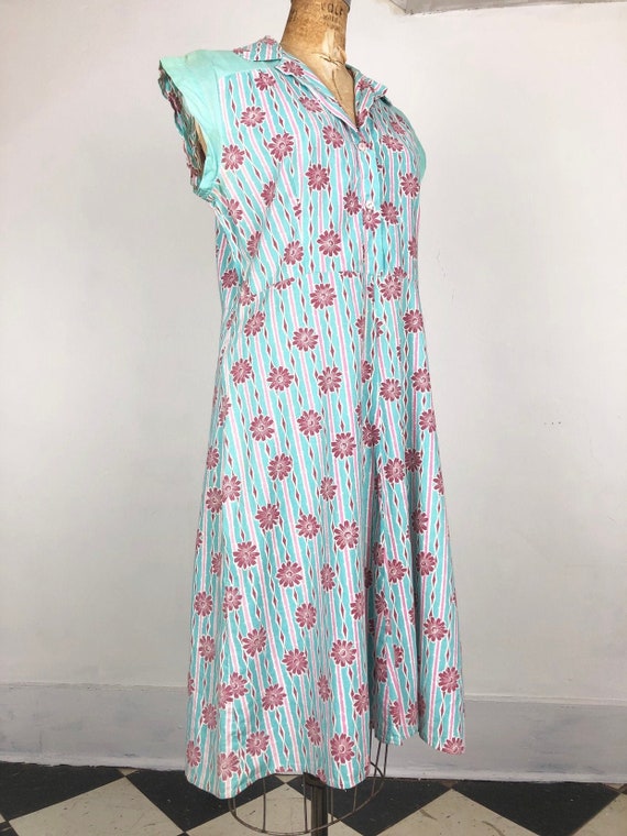 SWEETEST 1930’s Teal and Pink Floral Cotton Shirt… - image 1