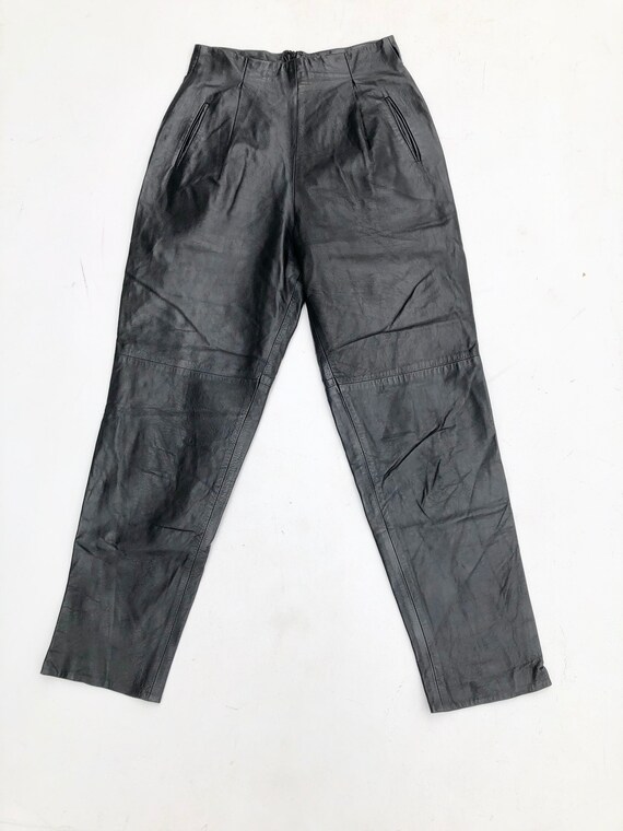 1980s Black Leather High Waisted Trousers 27”