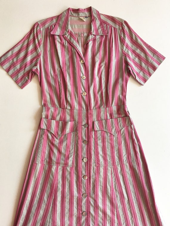 Sweet 1940s Pink and Grey Striped Cotton Shirt Dr… - image 5