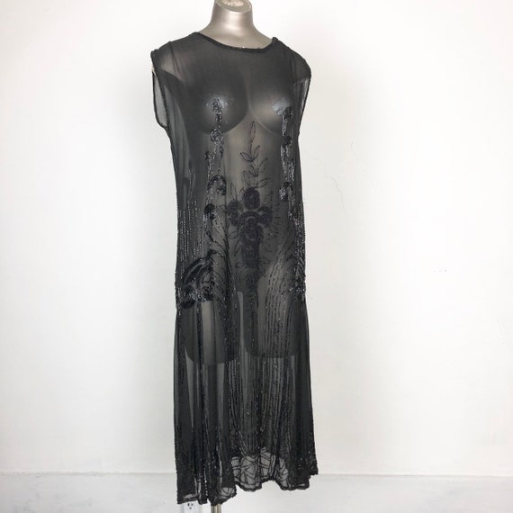 1920s Beaded Black Silk Chiffon Flapper Dress S