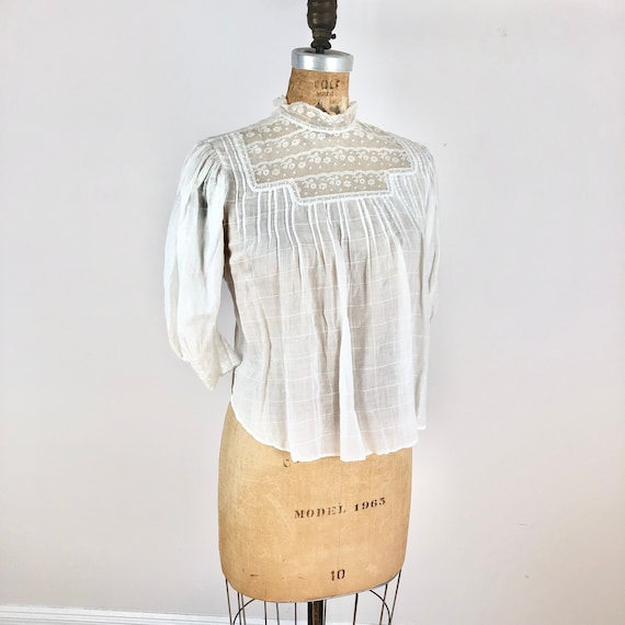 Antique Edwardian Lace White Cotton Blouse S - image 1