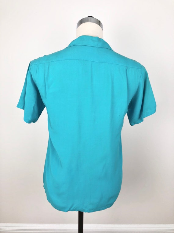 1950s Turquoise Rayon Short Sleeve Loop Collar Sh… - image 3
