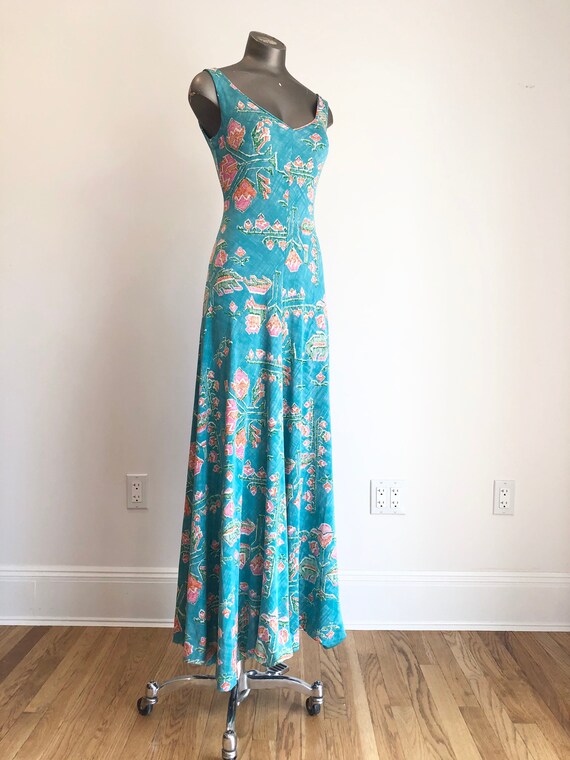 1970s Turquoise Floral Jersey Maxi Dress S - image 1