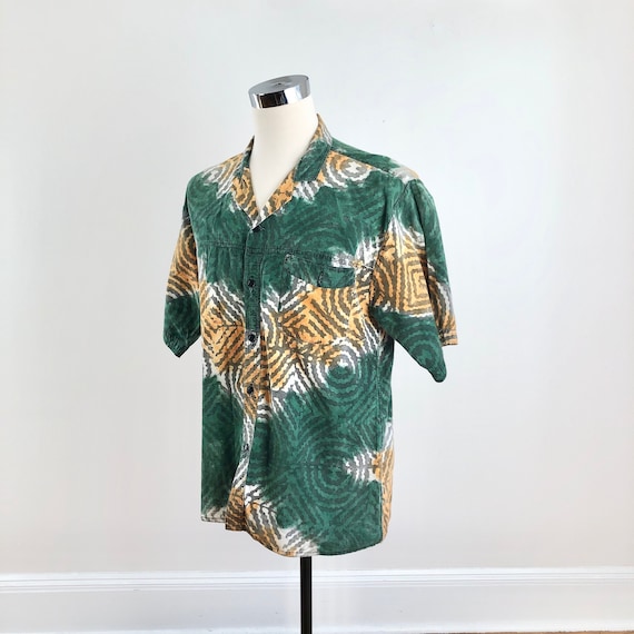 1970s Tie Dye Cotton Short Sleeve Print Shirt L - image 1