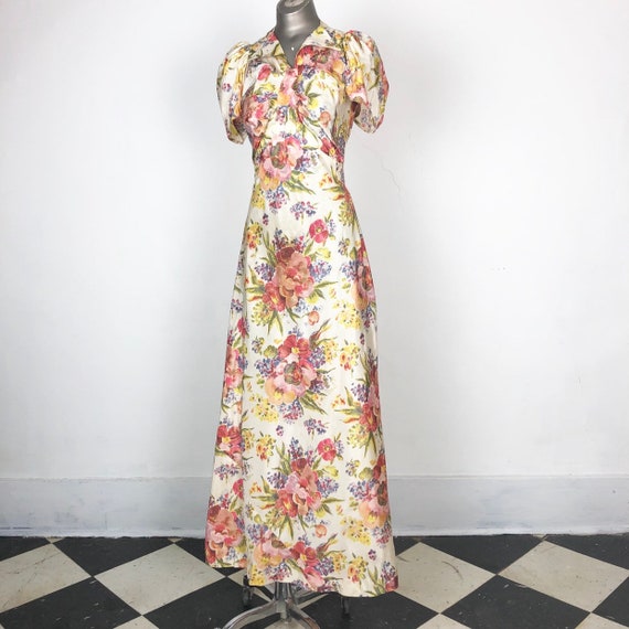 AMAZING 1930s Floral Taffeta Bias Cut Gown S