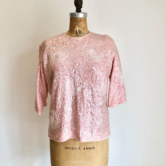 LOVELY 1960s Pink Sequin Pullover Sweater M - image 2