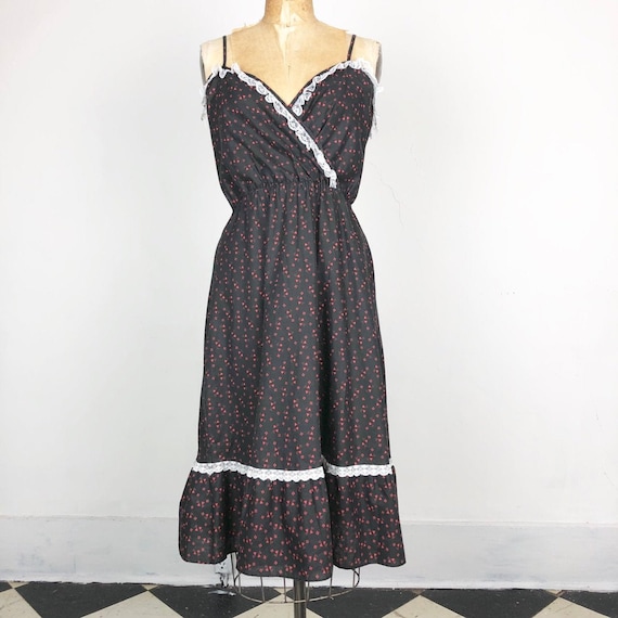 CUTE 1970s Black Cotton Lace Prairie Tank Dress S