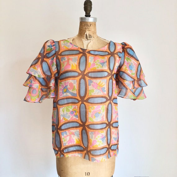 1970’s Psychedelic Silk Organza Flamenco Blouse M
