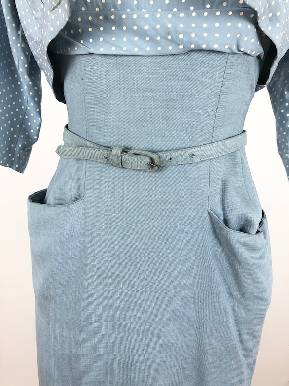 1950s Blue Linen Polka Dot Cotton Wiggle Dress Se… - image 4