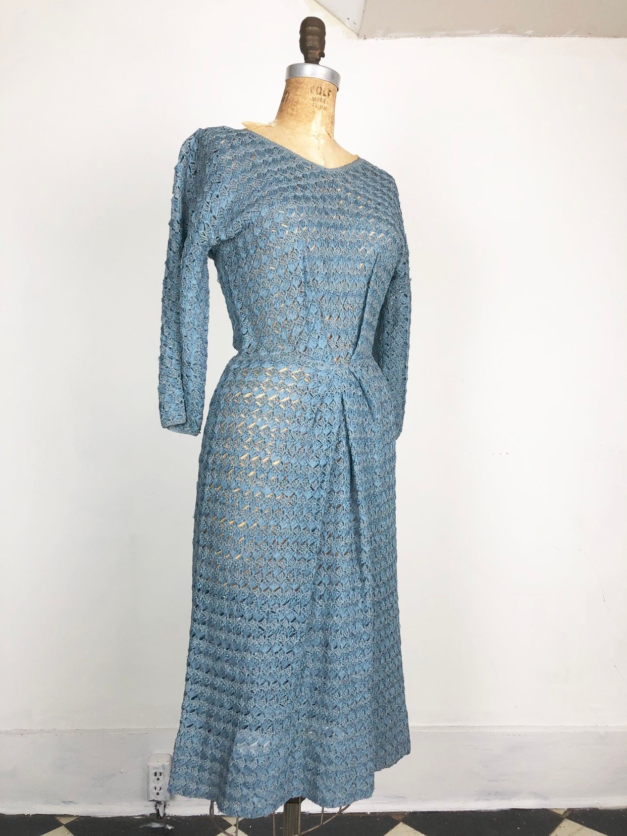 50s Blue Crocheted Ribbon Dress S | Etsy