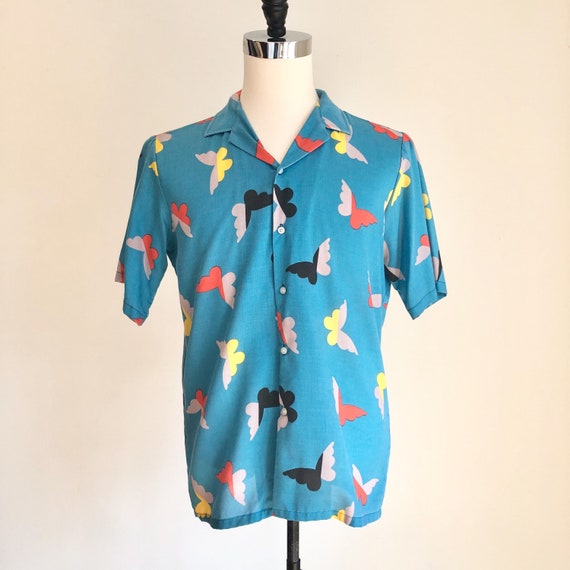 1980s Butterfly Print Short Sleeve Shirt M