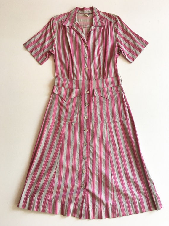 Sweet 1940s Pink and Grey Striped Cotton Shirt Dre