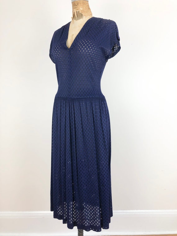 1940s Navy Blue Mesh Cap Sleeve Dress M - image 2