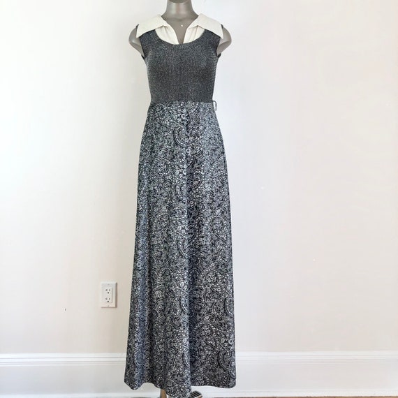 1970s Silver Lurex Paisley Knit Maxi Dress S - image 2