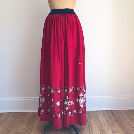 1970s Red Indian Cotton Mirrored Maxi Skirt S - image 1