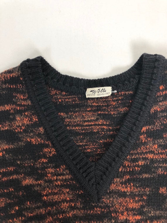 1940s Wool Orange and Black V-Neck Sweater S - image 7