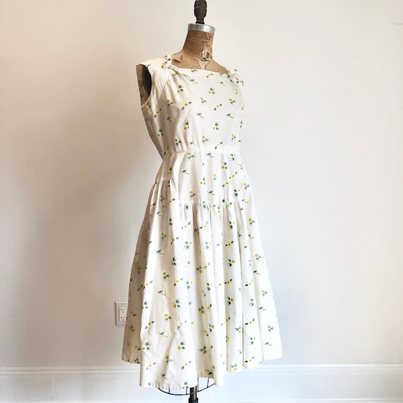 1950s White Cotton Yellow Floral Sun Dress M