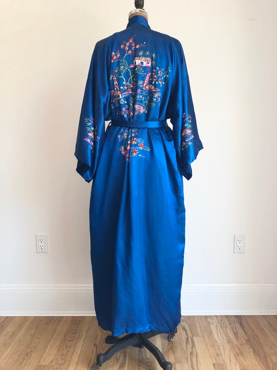 1960s Chinese Blue Rayon Silk Embroidered Robe L - image 4