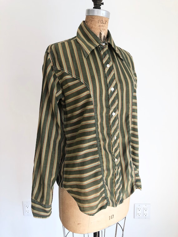 1970s Orsini Green Striped Tailored Tuxedo Shirt M