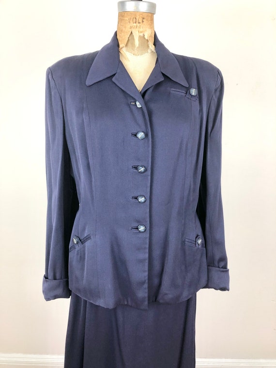 1940s Navy Blue Rayon Gabardine Skirt Suit Set M - image 3