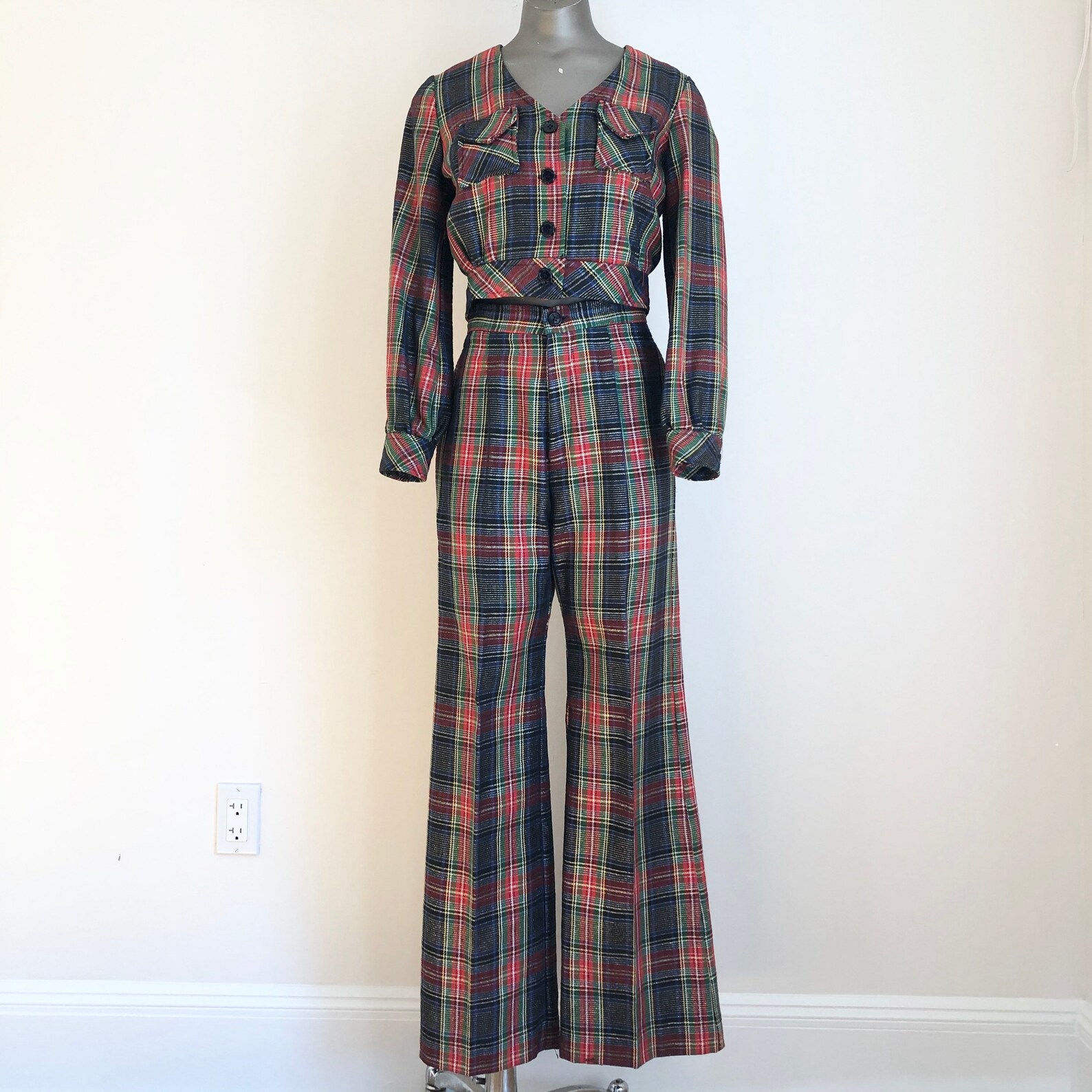 red plaid pants suit