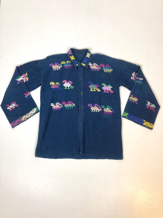 70’s Indigo Dyed Embroidered Guatemalan Shirt M