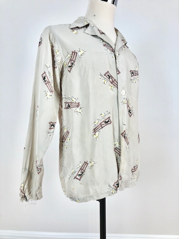 1940s Counting Sheep Print Cold Rayon Shirt M