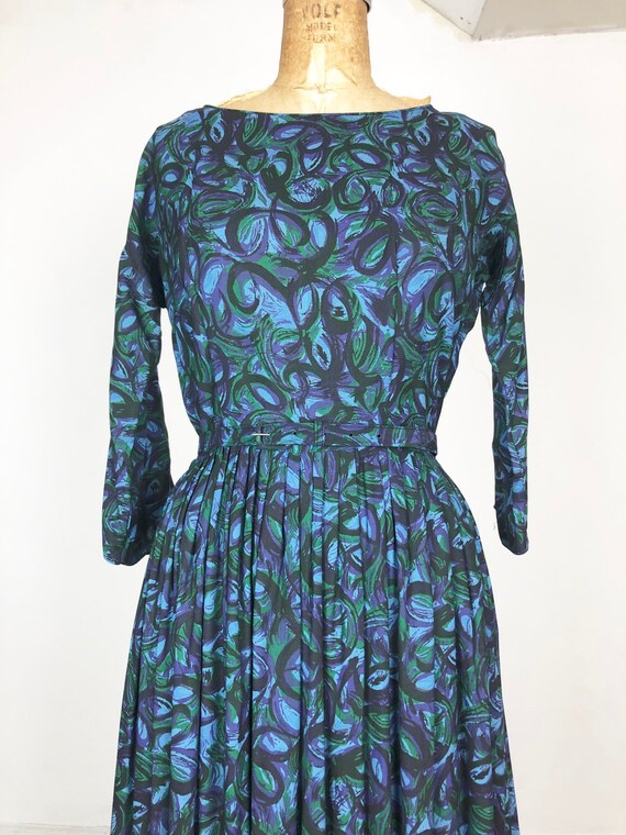 CUTE 1960s Printed Cotton Belted Dress S - image 3