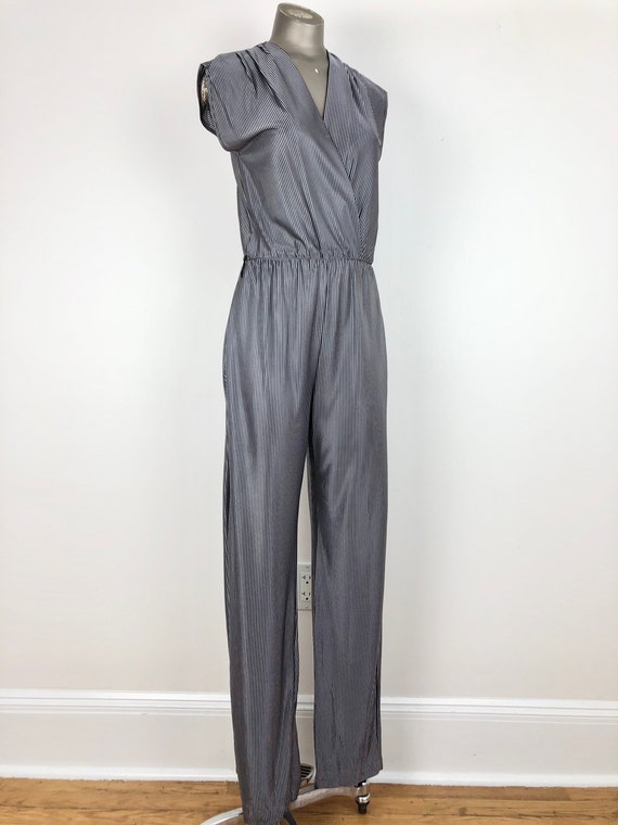 1970s Grey Striped Sleeveless Wrap Front Jumpsuit 