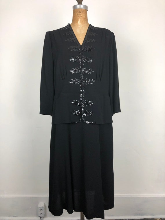 1940s Black Rayon Crepe Peplum Dress W/ Sequins L - image 2