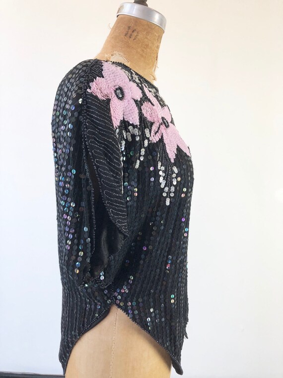 1980’s Sequined Flower Silk Blouse S - image 6