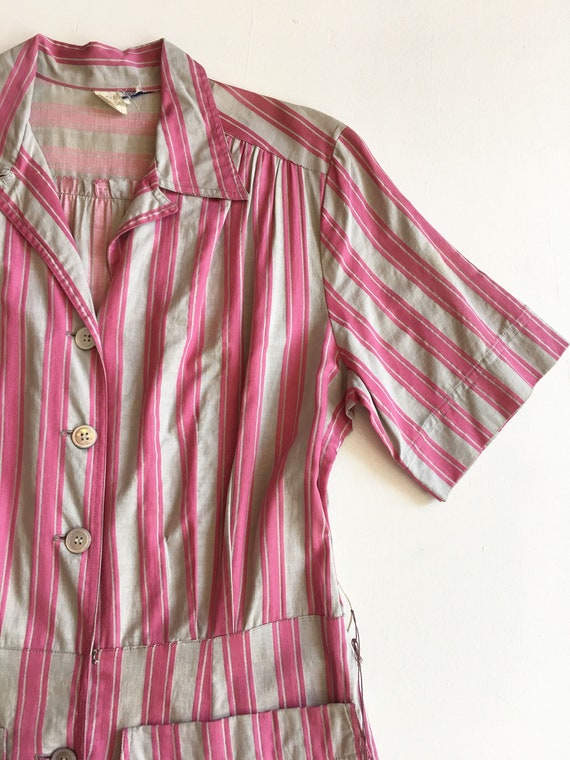 Sweet 1940s Pink and Grey Striped Cotton Shirt Dr… - image 2